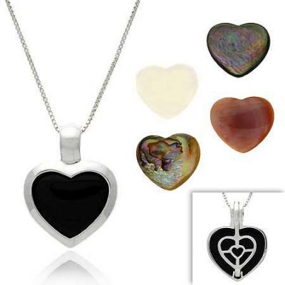 Sterling Silver Mother of Pearl, Onyx, & Abalone Interchangeable Heart Pendant Set