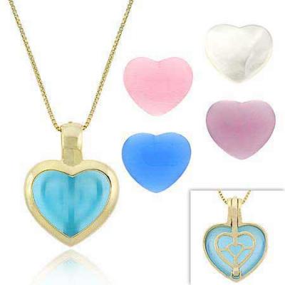 18K Gold over Sterling Silver Multi Color Cats Eye 5-Stone Interchangeable Heart Pendant Set