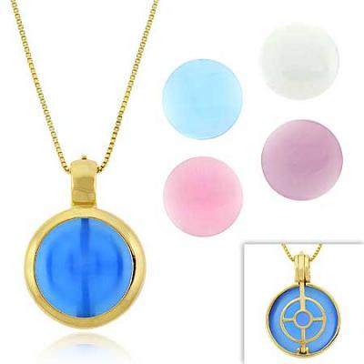 18K Gold over Sterling Silver Multi Color Cats Eye 5-Stone Interchangeable Round Pendant Set
