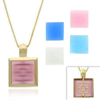 18K Gold over Sterling Silver Multi Color Cats Eye 5-Stone Interchangeable Square Pendant Set
