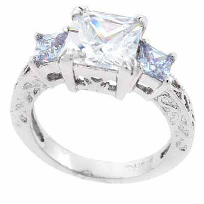 Filigree Medieval Sqaure Simulated Diamond CZ/Lavender CZ Silver Ring