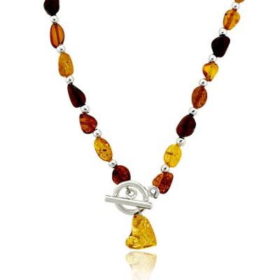 Sterling Silver .925 Genuine Honey Brown Amber Stone Chip Bead Toggle Necklace