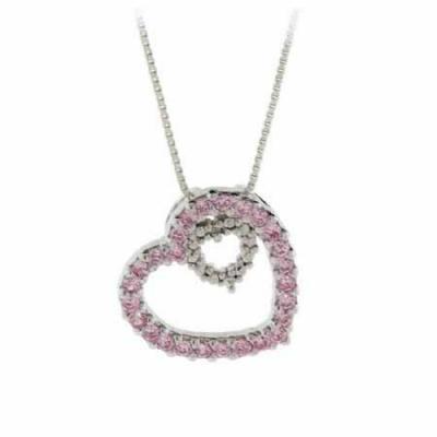 Sterling Silver Pink CZ & Diamond Accent Double Heart Pendant