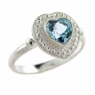 Sterling Silver Bali Bead Genuine Blue Topaz Heart Ring
