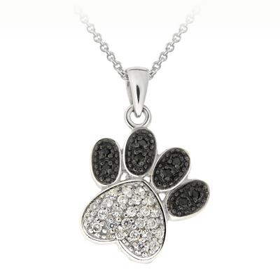 Rhodium Plated Black & White CZ Paw Print Necklace, 18