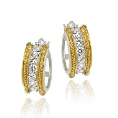 Sterling Silver & Gold over Silver Two Tone CZ Cable Hoop Earrings
