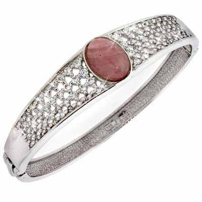 Sterling Silver Simulated Diamond CZ Filigree Design with Genuine Rose Quartz Oval Stone Bangle