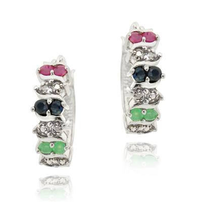 Sterling Silver Multi Color Gemstones & Diamond Accent Hoop Earrings