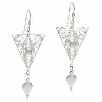 Sterling Silver Vintage Style Filigree Triangle Teardrop Dangle Earrings