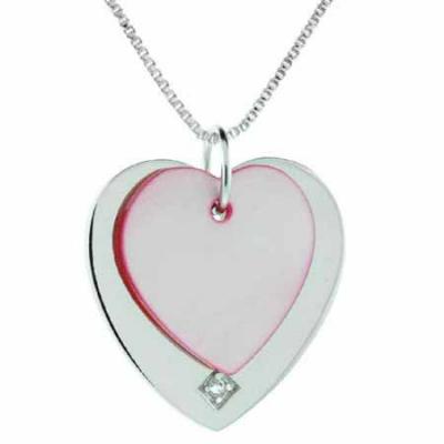 Sterling Silver Pink Shell & CZ Double Heart Tag Pendant