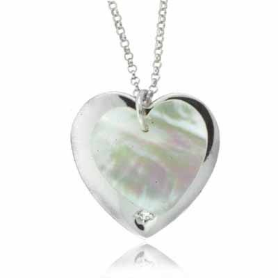 Double Heart Sterling Silver Genuine Mother of Pearl and Simulated Diamond CZ Pendant