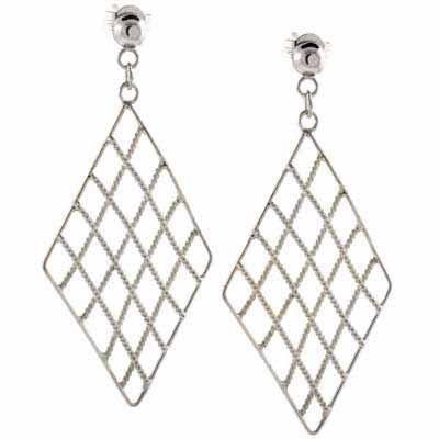 Sterling Silver Checkerboard Diamond Shaped Dangle Earrings