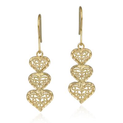 18K Gold over Sterling Silver Filigree Three Heart Drop Earrings