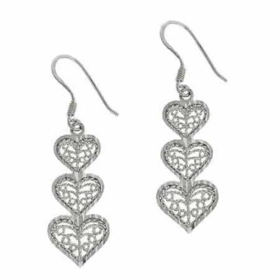 Sterling Silver Filigree Three Graduating Hearts Dangle Earrings