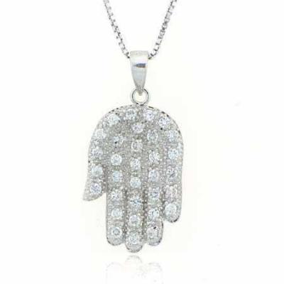 Sterling Silver Simulated Diamond CZ ~Hamsa~ Hand Pendant