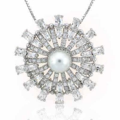 Sterling Silver Simulated Pearl & CZ Radiant Flower Pendant