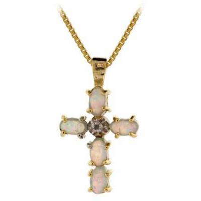 18K Gold over Sterling Silver Created Opal & Diamond Accent Cross Pendant