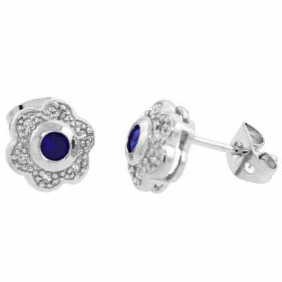 Sterling Silver Blue & Clear CZ  Flower Earrings