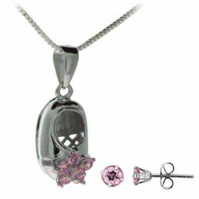 Sterling Silver Pink CZ Baby Shoe Pendant and Stud Earrings Set
