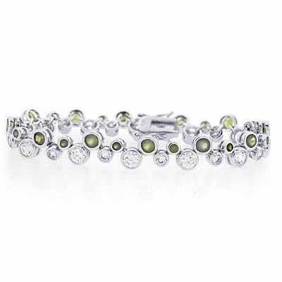 Sterling Silver Designer Olive Green and Simulated Diamond CZ Bubble Bracelet