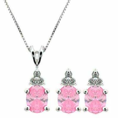 Sterling Silver Pink & Clear CZ Three Stone Earrings and Pendant Set