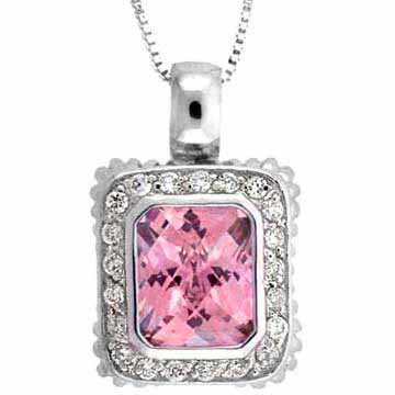 Sterling Silver Pink Cubic Zirconia and Simulated Diamond CZ Square Pendant