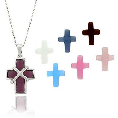 Sterling Silver Interchangeable Cats Eye Cross Pendant Set
