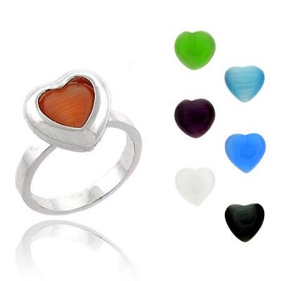 Sterling Silver  Interchangeable 7 Heart Cats Eye Stone Ring Set Size 7