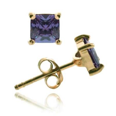18K Gold over Sterling Silver Purple CZ Square Stud Earrings, 6mm