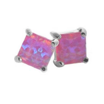 Sterling Silver Pink Opal Square Stud Earrings, 7mm