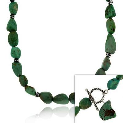 Sterling Silver Bali Bead Genuine Turquoise Stone Toggle Necklace 18