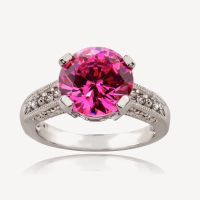 Sterling Silver Round Pink CZ and Simulated Diamond CZ  Ring Size 8