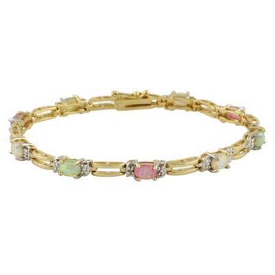 18K Gold over Sterling Silver Created Multi Opal & Diamond Accent  Rectangle Link Bracelet