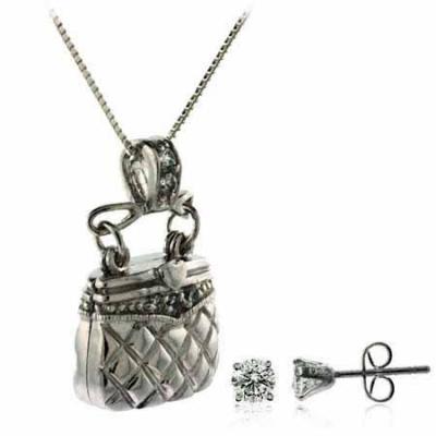 Sterling Silver CZ Purse Pendant Locket & Stud Earrings Set