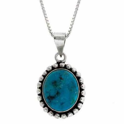 Sterling Silver Created Blue Turquoise Bali Bead Oval Pendant