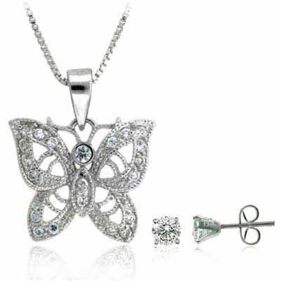 Sterling Silver CZ Filigree Butterfly Pendant & Stud Earrings Set