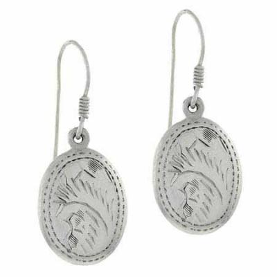 Sterling Silver Etched Design Oval Dangle Earrings