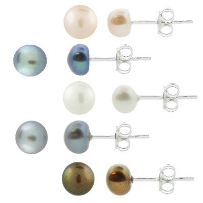 Sterling Silver 5 Pair Multi Color Freshwater Pearl White, Peacock, Pink, Grey, Chocolate Stud Earring Set