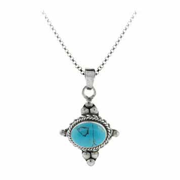 Sterling Silver Created Blue Turquoise East West Bali Beaded Pendant