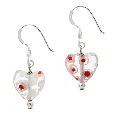 Sterling Silver White Millefiori Murano Glass Heart Dangle Earrings