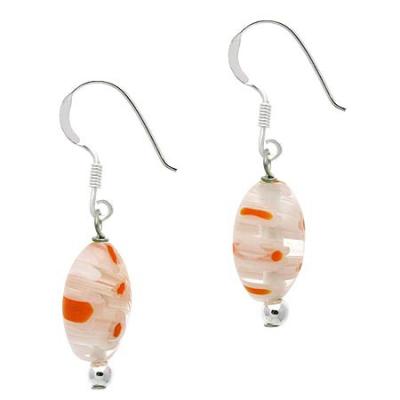 Sterling Silver White Millefiori Murano Glass Oval Dangle Earrings
