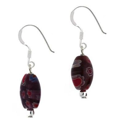 Sterling Silver Purple Millefiori Murano Glass Oval Bead Dangle Earrings