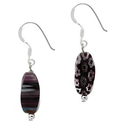 Sterling Silver Purple Millefiori Murano Glass Bead Dangle Earrings