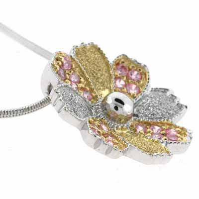 Sterling Silver Two Tone Pink CZ Flower Necklace