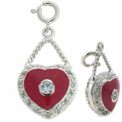 Sterling Silver CZ and Red Heart Pendant and Charm