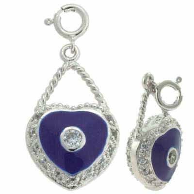Sterling Silver Simulated Diamond CZ Blue Enamel Heart Pendant and Charm