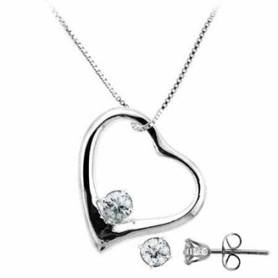 Sterling Silver CZ Open Heart Pendant & Stud Earrings Set