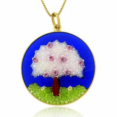 Murano glass Round Pendant w Tree Design
