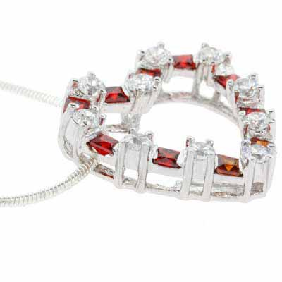 Sterling Silver Red and Simulated Diamond CZ Square and circle Heart Pendant