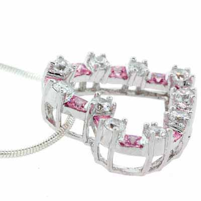 Sterling Silver Pink and Simulated Diamond CZ Square and circle Heart Pendant